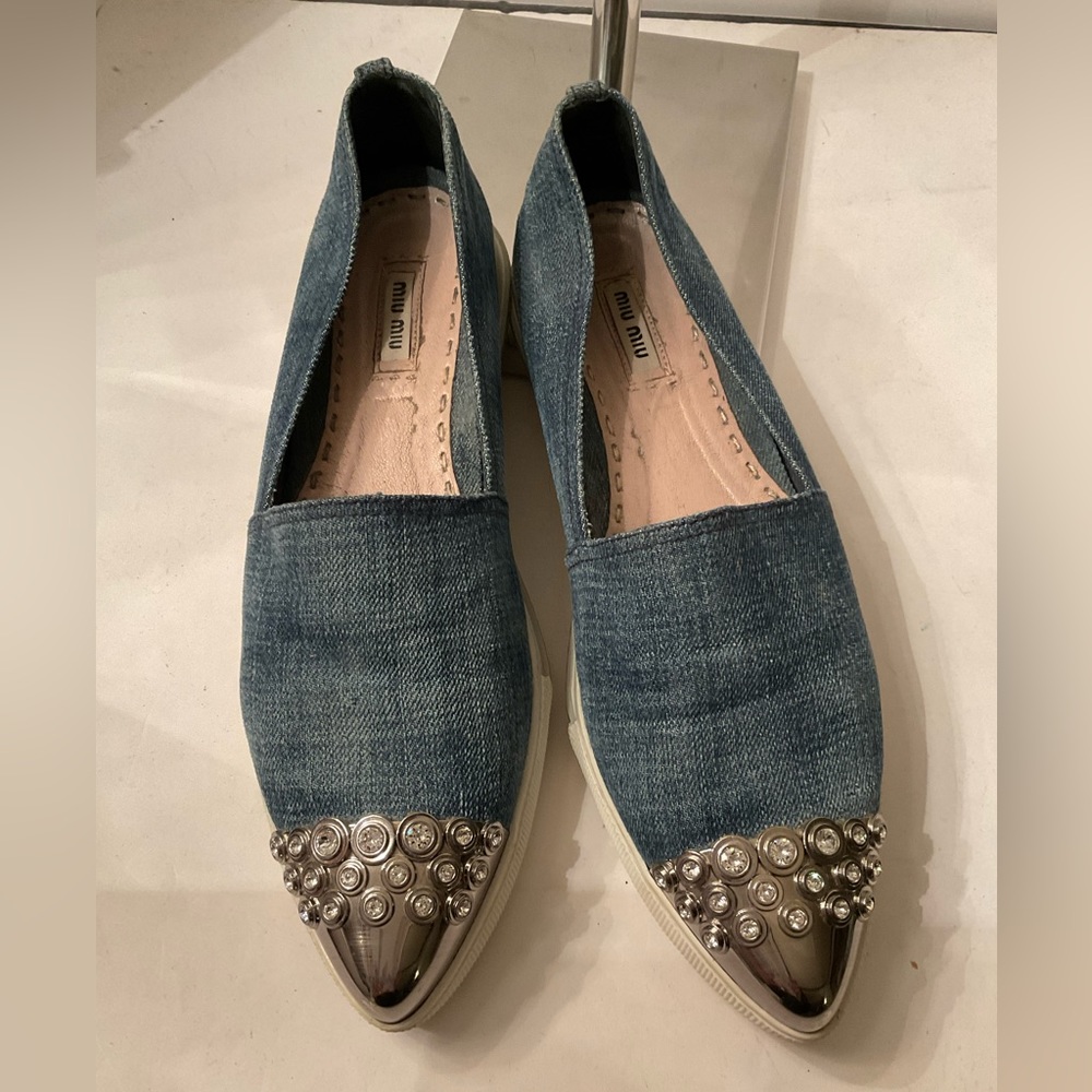 MIU MIU blue denim rhinestones on toe